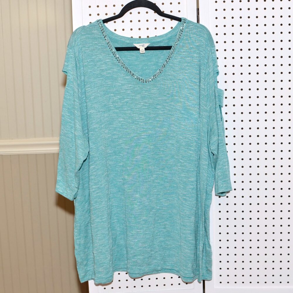 Plus Size 4X Terra & Sky Mint / Aqua Metallic Sparkle Top Modest 3/4 Sleeves